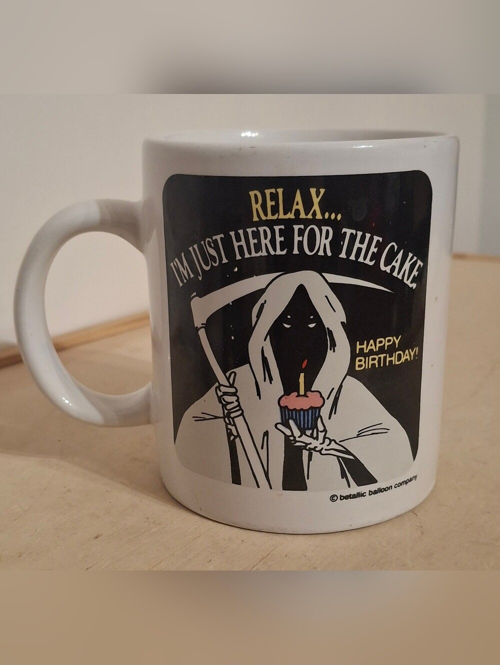 Vintage Betallic Balloon Company ceramic mug w/ grim reaper "Relax..I'm just her